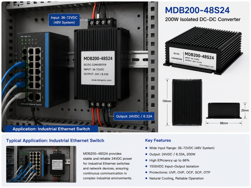 200W Isolated DC DC Converter for Industrial Ethernet Switch Auxiliary Power  MDB200-48S24.png